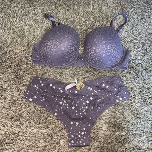PINK bra and pantie set with leopard stars medium and 34D